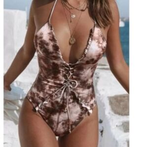 Sexy Brown Tie-Dye One-Piece  Tie Uo Swimsuit Small